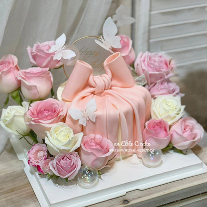 Ribboned Floral Cake: Pink Rose Fortress